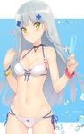  ass_visible_through_thighs bangs bare_shoulders bikini blue_hair blush braid breasts brooch character_name choker cleavage collarbone commentary_request cowboy_shot dan_(kumadan) eyebrows_visible_through_hair facial_mark fingernails food front-tie_bikini front-tie_top girls_frontline green_eyes hands_up heart hk416_(girls_frontline) holding holding_food jewelry light_smile long_hair looking_at_viewer medium_breasts multi-strapped_bikini nail_polish navel parted_lips pink_scrunchie popsicle revision ribs scrunchie side-tie_bikini side_braid signature solo standing swimsuit white_bikini wrist_scrunchie wristband 
