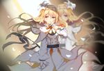  aliter artist_name bandaged_arm bandages blonde_hair capelet dress flower gloves hair_flower hair_ornament headband highres long_hair looking_at_viewer petals sash sera_mani shironeko_project single_glove solo white_dress white_gloves wind 