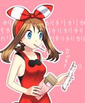  1girl bare_shoulders blue_eyes brown_hair collarbone eating eyebrows_visible_through_hair female food hair_ornament hands_up haruka_(pokemon) haruka_(pokemon)_(remake) headband highres looking_down mouth_hold outline pink_background pocky pokemon pokemon_(game) pokemon_oras red_shirt shirt simple_background sleeveless sleeveless_shirt solo standing text translation_request yuihiko 
