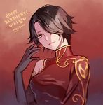  breasts brown_hair china_dress chinese_clothes cinder_fall commentary_request dress ecru elbow_gloves gloves hair_over_one_eye happy_birthday korean_commentary medium_breasts rwby scar short_hair solo translation_request upper_body yellow_eyes 