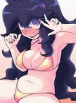  :&gt; ahoge al_bhed_eyes belly bikini blue_hair blue_nails blush breasts embarrassed from_above hairband hex_maniac_(pokemon) highres inarou_(rakugakiproject) long_hair looking_at_viewer medium_breasts messy_hair nail_polish navel open_mouth plump pokemon pokemon_(game) pokemon_xy purple_hairband sitting solo swimsuit v very_long_hair 