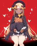  abigail_williams_(fate/grand_order) bangs black_bow black_dress black_hat blonde_hair bloomers bow bug butterfly closed_mouth commentary dress eyebrows_visible_through_hair fate/grand_order fate_(series) frills hair_bow hat hona_(pixiv7939518) insect long_hair long_sleeves looking_at_viewer object_hug orange_bow parted_bangs polka_dot polka_dot_bow red_background sitting sleeves_past_fingers sleeves_past_wrists smile solo sparkle stuffed_animal stuffed_toy teddy_bear underwear very_long_hair white_bloomers 