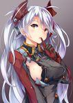  areola_slip areolae azur_lane bangs black_gloves blush breasts brown_eyes buttons commentary_request eyebrows_visible_through_hair finger_to_mouth gloves gradient gradient_background grey_background grey_jacket headgear highlights highres index_finger_raised irohasu iron_cross jacket large_breasts long_hair looking_at_viewer mole mole_on_breast multicolored_hair parted_lips prinz_eugen_(azur_lane) revision sideboob sidelocks silver_hair solo swept_bangs two_side_up upper_body very_long_hair yellow_eyes 