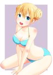  1girl barefoot bikini blend_s blonde_hair blue_eyes blush hinata_kaho long_hair smile solo swimsuit twin_buns 