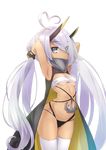  ahoge aiueonesan_(umanaminoatama) anchor armor armpits arms_up azur_lane bad_id bad_pixiv_id bandeau bangs bare_shoulders black_cape black_gloves black_panties blue_eyes breasts bunching_hair cape covered_mouth cowboy_shot dark_skin eyes_visible_through_hair fingerless_gloves gloves gorget hair_over_one_eye headgear heart_ahoge heterochromia horns indianapolis_(azur_lane) long_hair looking_at_viewer low_twintails navel panties silver_hair small_breasts solo standing thighhighs transparent_background twintails underwear very_long_hair white_bandeau white_legwear yellow_eyes 