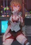  black_bra black_skirt blue_eyes bra brown_hair collarbone collared_shirt dress_shirt eyebrows_visible_through_hair girls_frontline hair_between_eyes heart heart-shaped_pupils heavy_breathing highres indoors kalina_(girls_frontline) long_hair long_sleeves looking_at_viewer monitor night panties panty_pull paper_stack parted_lips partially_unbuttoned red_panties red_ribbon ribbon shirt side_ponytail sitting skirt solo striped striped_legwear sweat symbol-shaped_pupils thighhighs underwear white_shirt window wing_collar yueqin_(monnpiano) 