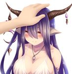  bare_shoulders blush breasts check_commentary cleavage closed_mouth collarbone commentary commentary_request crescent danua draph dress granblue_fantasy hair_between_eyes horn_ornament horns jewelry koko_(koko3) large_breasts long_hair looking_at_viewer necklace pointy_ears purple_hair red_eyes smile upper_body white_dress 