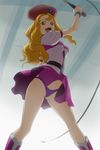  :d blonde_hair breasts brown_eyes fang groin_tendon haruyama_kazunori hat long_hair looking_at_viewer medium_breasts mirei_(time_bokan) open_mouth panties purple_panties purple_skirt red_hat short_sleeves skirt smile solo standing time_bokan_(series) time_bokan_24 underwear whip 