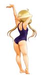  absurdres arm_up ass barefoot blonde_hair blue_swimsuit facing_away from_behind full_body futaba_anzu highres idolmaster idolmaster_cinderella_girls kneepits long_hair low_twintails one-piece_swimsuit school_swimsuit simple_background solo standing stretch swimsuit taka_(takahirokun) twintails white_background 