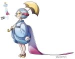  1girl artist_name blue_kimono chimecho creatures_(company) flower full_body game_freak gen_3_pokemon grey_hair hair_flower hair_ornament head_wreath japanese_clothes kimono looking_away moemon nintendo no_pupils parted_hair personification pink_flower pokemon sandals short_hair simple_background smile solo standing tamtamdi umbrella white_background wide_sleeves wind_chime yellow_eyes yellow_umbrella 