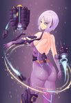  1girl artist_request ass back backless_outfit bare_shoulders bodysuit breasts from_behind gloves looking_at_viewer looking_back mecha_musume medium_breasts neon_trim open_mouth original parted_lips purple_eyes purple_hair scouter shiny shiny_clothes shiny_hair shiny_skin short_hair sideboob solo weapon 