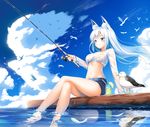  animal_ears arm_support bare_legs barefoot bird blue_eyes blue_sky blush closed_mouth cloud cloudy_sky crossed_legs day feathers fishing_rod food front-tie_top fruit glint kurotobi_rarumu lemon lemon_slice long_hair long_sleeves looking_afar medium_hair midriff navel original outdoors seagull see-through shirt sky smile soaking_feet solo tied_shirt wet wet_clothes wet_shirt white_hair 