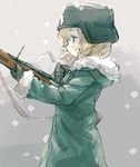  bee_(deadflow) blonde_hair blush bolt_action coat from_side fur_trim gloves green_eyes grey_background grey_gloves gun helmet holding holding_gun holding_weapon long_sleeves mosin-nagant mouth_hold profile reloading rifle shell_casing short_hair shoujo_shuumatsu_ryokou snowing solo stahlhelm standing weapon yuuri_(shoujo_shuumatsu_ryokou) 