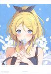  6u_(eternal_land) absurdres aqua_nails ayase_eli bangs bare_shoulders blonde_hair blue_background blue_eyes blush bow character_name eyebrows_visible_through_hair flower hair_bow highres holding huge_filesize long_hair looking_at_viewer love_live! love_live!_school_idol_project nail_polish off_shoulder petals ponytail scan solo upper_body 