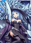  :d akkijin blue_cape blue_eyes blue_hair cape card_(medium) covered_navel crystal dragon hat official_art open_mouth shinkai_no_valkyrie smile solo thighhighs witch witch_hat 
