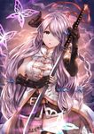  asymmetrical_gloves black_gloves black_legwear blue_eyes braid breasts bug butterfly chalollita commentary_request cowboy_shot draph elbow_gloves gloves granblue_fantasy hair_ornament hair_over_one_eye holding holding_sword holding_weapon horns insect katana large_breasts lavender_hair long_hair looking_at_viewer narmaya_(granblue_fantasy) parted_lips pointy_ears single_braid single_thighhigh solo sword thigh_strap thighhighs very_long_hair weapon 