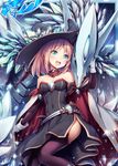  :d akkijin blue_eyes cape card_(medium) covered_navel crystal dragon hat official_art open_mouth pink_hair red_cape shinkai_no_valkyrie smile solo thighhighs witch witch_hat 