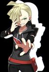  black_background blonde_hair clenched_teeth gladio_(pokemon) green_eyes hair_over_one_eye highres male_focus pokemon pokemon_(game) pokemon_sm simple_background smile solo teeth yuihiko 