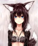  animal_ears beltbra black_jacket blue_eyes blush brown_hair closed_mouth eyebrows_visible_through_hair fox_ears fox_tail fur_trim hair_between_eyes halterneck highres jacket looking_at_viewer open_clothes open_jacket original smile solo sukemyon tail upper_body 