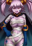  :d bandages blue_gloves breasts cape cowboy_shot elbow_gloves gloves hand_on_hip jewelry large_breasts looking_at_viewer lord_of_vermilion lord_of_vermilion_iii naked_bandage navel necklace nibansu open_mouth persephone_(lord_of_vermilion) pink_eyes pink_hair pink_skin smile solo tattoo twintails v-shaped_eyebrows 