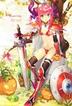  animal animal_on_shoulder arm_support armor armored_boots bad_id bad_pixiv_id bangs bikini bikini_armor black_legwear blue_eyes boots breasts broadsword candy candy_wrapper cape character_name checkerboard_cookie choker collarbone cookie copyright_name curled_horns day dragon_horns dragon_tail ekita_xuan elizabeth_bathory_(brave)_(fate) elizabeth_bathory_(fate)_(all) eyebrows_visible_through_hair fang fate/grand_order fate_(series) food grass hair_ribbon halloween halloween_basket highres holding holding_food holding_sword holding_weapon horns jack-o'-lantern knee_boots leaves_in_wind lollipop long_hair looking_to_the_side navel outdoors oversized_clothes parted_lips pauldrons pink_hair pointy_ears pumpkin purple_ribbon red_bikini red_choker red_footwear ribbon shield shoes sidelocks silver_trim sitting slime small_breasts solo spiked_shoes spikes squirrel string_bikini swimsuit sword tail thighhighs tiara tombstone tree two_side_up v-shaped_eyebrows vambraces weapon white_cape 