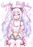  :d animal_ears azur_lane blush breasts bucket bunny_ears camisole cleavage collarbone eyebrows_visible_through_hair fake_animal_ears glint hair_between_eyes happy_birthday headgear holding jacket laffey_(azur_lane) lavender_hair long_hair long_sleeves looking_at_viewer off_shoulder open_clothes open_jacket open_mouth pink_jacket pink_skirt red_eyes single_bare_shoulder sitting skirt small_breasts smile solo spaghetti_strap star sunege_(hp0715) thighhighs tsurime twintails unzipped very_long_hair white_legwear wide_sleeves zipper 