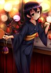  absurdres bangs blue_hair blue_kimono candy_apple commentary_request food hair_between_eyes highres japanese_clothes jk-ff kimono kinchaku long_hair love_live! love_live!_school_idol_project night pouch smile solo sonoda_umi summer_festival wide_sleeves yellow_eyes yukata 