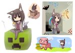  ? animal_ears apple arrow arrow_in_head bat black_eyes black_hair bow_(weapon) comic commentary_request eating food fox_ears fox_tail fruit highres long_hair minecart minecraft multiple_views o_o original pickaxe pig railroad_tracks sitting standing sukemyon tail underground walking weapon 