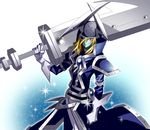  blonde_hair coat duel_monster gloves hat long_hair looking_at_viewer male_focus red_eyes shinonome_(okamekawawa) silent_swordsman solo sword weapon yuu-gi-ou 