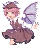  animal_ears asa_(coco) bird_wings blush brown_dress commentary_request cowboy_shot dress fingernails frilled_dress frills juliet_sleeves long_fingernails long_sleeves looking_at_viewer mystia_lorelei pink_hair puffy_sleeves purple_eyes short_hair solo touhou wings 