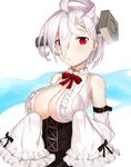  ahoge azur_lane bare_shoulders belt black_skirt bolt bow breasts center_opening detached_sleeves frilled_shirt frilled_sleeves frills hair_over_one_eye large_breasts looking_at_viewer mathew_(srmmk_mce) no_bra red_bow red_eyes shirt short_hair skirt sleeves_past_wrists solo stitches terror_(azur_lane) white_hair 