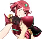  1girl ahoge artist_request blush breast_grab breasts circlet deep_skin erect_nipples erect_nipples_under_clothes highres homura_(xenoblade_2) impossible_clothes large_breasts one_eye_closed open_mouth red_eyes red_hair shiny shiny_hair short_hair solo xeno_(series) xenoblade xenoblade_2 