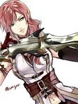  blue_eyes breasts commentary_request final_fantasy final_fantasy_xiii gloves gunblade large_breasts lightning_farron long_hair pink_hair solo sword tama_(tmfy5) weapon 