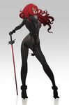  ass bodysuit from_behind full_body high_heels illya1030 kirijou_mitsuru looking_at_viewer looking_back persona persona_4:_the_ultimate_in_mayonaka_arena rapier red_eyes red_hair sword weapon 