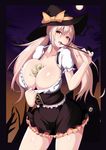  bat bat_earrings between_breasts black_skirt blonde_hair bow breasts breath brown_nails cleavage collarbone commentary_request contrapposto corset cowboy_shot cross-laced_clothes drooling fingernails frilled_shirt frilled_skirt frills gradient gradient_nails gyaru halloween hat hat_bow highres huge_breasts kogal layered_skirt licking long_fingernails long_hair miniskirt money money_hold moon nail_polish night okapixi open_mouth orange_hair original outdoors puffy_short_sleeves puffy_sleeves purple_nails saliva sexually_suggestive shirt shirt_pull short_sleeves skirt sky solo standing sweat tongue tongue_out twintails very_long_hair wand witch witch_hat 