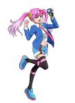  1girl blue_eyes digimon digimon_universe:_appli_monsters full_body happy karan_eri long_hair looking_at_viewer official_art open_mouth pink_hair purple_hair shoes shorts simple_background smile solo twintails white_background 