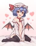  :d ascot bare_shoulders bat_wings black_legwear blue_hair blush bushi_(1622035441) fang flat_chest hat heart highres looking_at_viewer navel off_shoulder open_clothes open_mouth pink_wings red_eyes red_neckwear remilia_scarlet short_hair sitting smile solo thighhighs touhou wariza wings 