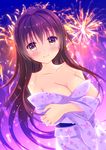  blush breasts brown_eyes brown_hair cleavage closed_mouth commentary_request crossed_arms fireworks japanese_clothes kantai_collection kimono long_hair looking_at_viewer medium_breasts smile solo yamato_(kantai_collection) yukata yuzukaze_rio 