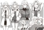  2girls ? alternate_costume animal_ears arm_grab arms_behind_back bomber_jacket braid darjeeling denim denim_shorts dirty dirty_clothes dirty_face dog_ears dog_tail eating french_braid girls_und_panzer greyscale hand_in_pocket jacket kay_(girls_und_panzer) long_hair monochrome multiple_girls one_eye_closed scarf shorts sketch smile st._gloriana's_military_uniform tail tail_wagging trench_coat wall_slam yuri yuuyu_(777) 