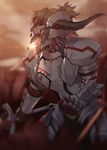  absurdres armor blonde_hair blood blood_on_face clarent damaged fate/apocrypha fate_(series) full_armor gauntlets green_eyes helmet highres holding holding_sword holding_weapon horn knight mordred_(fate) mordred_(fate)_(all) open_mouth ponytail shatter sunset sword weapon yorukun 