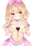  bangs blonde_hair blush bow braid breast_squeeze breasts chocolate chocolate_heart chocolate_on_breasts closed_mouth eyebrows_visible_through_hair fingernails hair_bow hair_over_shoulder hairband head_tilt heart kurasuke long_hair low_twintails nipples open_clothes open_shirt original pink_bow pink_hairband pink_shirt pink_skirt puffy_short_sleeves puffy_sleeves red_eyes shirt short_sleeves skirt small_breasts smile solo twin_braids twintails valentine white_neckwear wrist_cuffs 