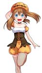  :d arm_behind_head bare_shoulders black_neckwear blue_eyes blush brown_hair choker fishnet_legwear fishnets halloween haruka_(pokemon) highres long_hair looking_at_viewer open_mouth pokemon pokemon_(game) pokemon_oras pumpkin_hat simple_background smile solo standing standing_on_one_leg thighhighs white_background yuihiko 