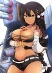  &gt;:) azur_lane bare_shoulders belt black_hair bracelet braid breast_hold breasts brown_eyes bustier crossed_arms dark_skin detached_sleeves feathers hair_between_eyes hair_feathers hair_ornament hair_ribbon heka=ton highres jewelry large_breasts long_hair machinery multiple_braids native_american navel necklace open_clothes open_shorts revealing_clothes ribbon shorts smile solo south_dakota_(azur_lane) unbuttoned v-shaped_eyebrows very_long_hair 