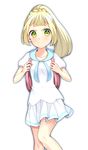  backpack bag blonde_hair frown green_eyes highres lillie_(pokemon) long_hair pokemon pokemon_(game) pokemon_sm ponytail shirt short_sleeves simple_background skirt solo white_background white_shirt white_skirt yuihiko 