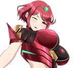  1girl ahoge artist_request blush breasts circlet highres homura_(xenoblade_2) large_breasts one_eye_closed open_mouth red_eyes red_hair shiny shiny_hair short_hair solo xeno_(series) xenoblade xenoblade_2 