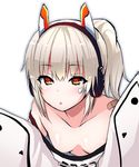  10s 1girl ayanami_(azur_lane) azur_lane bandaid bare_shoulders breasts cleavage downblouse extended_downblouse headphones leaning_forward long_hair looking_at_viewer loose_clothes no_bra off_shoulder orange_eyes pastar88 ponytail simple_background small_breasts solo upper_body white_background white_hair 