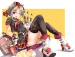  animal_ears argyle argyle_legwear bagpipes boots brown_hair cat_ears fang fatkewell gloves instrument looking_at_viewer one_eye_closed open_mouth original purple_eyes short_hair_with_long_locks simple_background sitting skirt solo thighhighs 