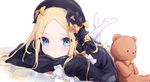  abigail_williams_(fate/grand_order) artist_name bangs black_bow black_dress black_hat blue_eyes blush bow bowler_hat closed_mouth commentary dress eyebrows_visible_through_hair fate/grand_order fate_(series) hair_bow hat legs_up long_hair long_sleeves looking_at_viewer lying no_shoes on_stomach orange_bow pantyhose parted_bangs polka_dot polka_dot_bow sleeves_past_fingers sleeves_past_wrists solo stuffed_animal stuffed_toy teddy_bear tr_(hareru) very_long_hair white_background white_legwear 