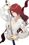  bleeding blood blood_on_face bra breasts cleavage cuts hair_over_one_eye illya1030 injury kirijou_mitsuru large_breasts long_hair looking_at_viewer open_clothes open_shirt persona persona_3 rapier red_eyes red_hair sheath shirt solo sword torn_clothes underwear upper_body weapon 