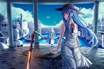  adapted_costume bare_shoulders blue_hair bow commentary_request dress food fruit hat highres hinanawi_tenshi long_hair peach red_bow red_eyes red_neckwear revision sitting sleeveless sleeveless_dress solo sword sword_of_hisou table torottye touhou weapon white_dress 